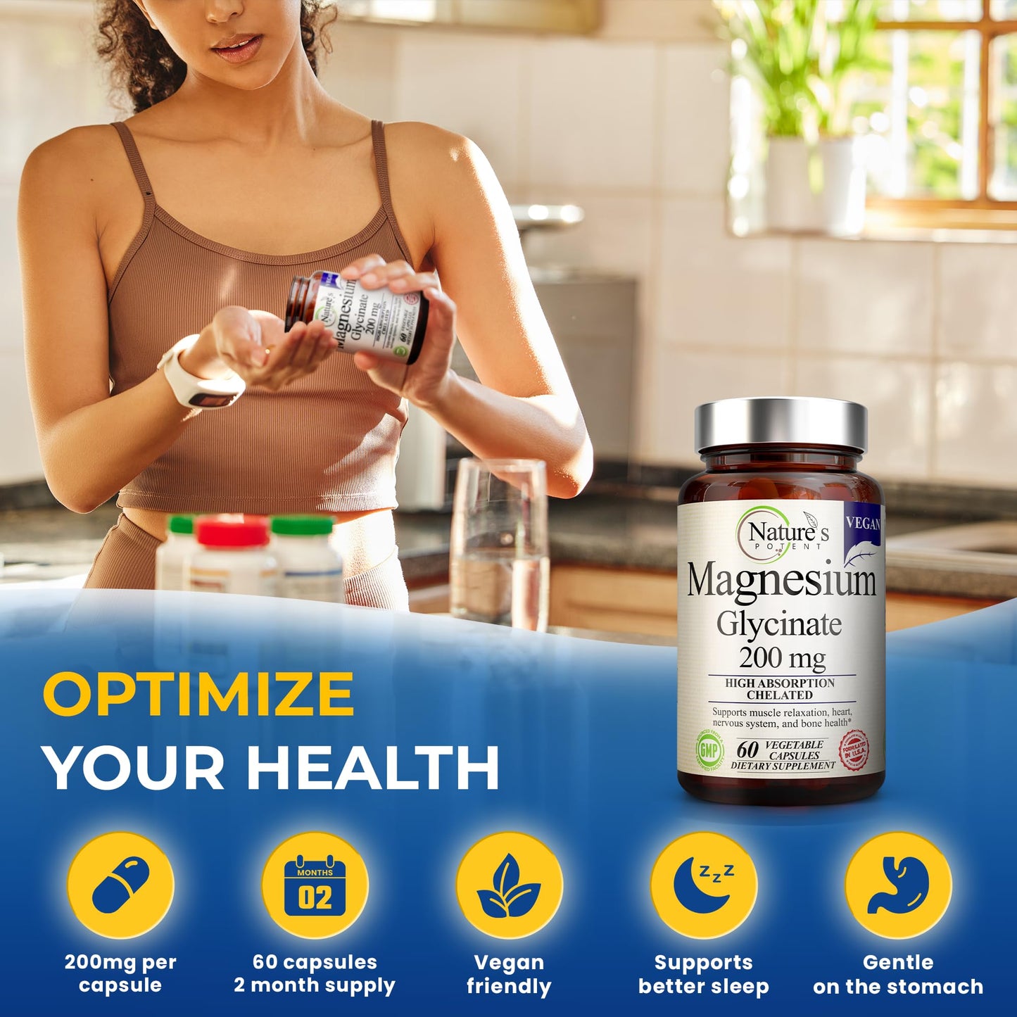 Nature’s Potent Magnesium Glycinate 200mg – High Absorption Chelated Magnesium | Sleep, Calm & Muscle Support | Vegan, 60 Capsules
