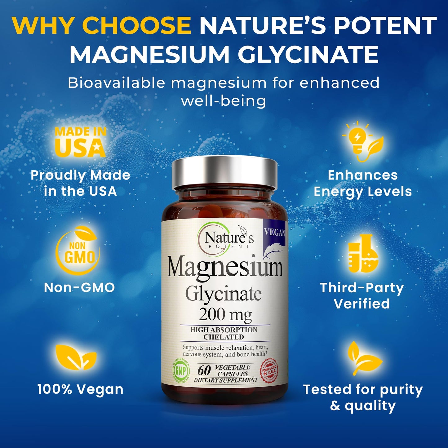 Nature’s Potent Magnesium Glycinate 200mg – High Absorption Chelated Magnesium | Sleep, Calm & Muscle Support | Vegan, 60 Capsules