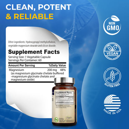 Nature’s Potent Magnesium Glycinate 200mg – High Absorption Chelated Magnesium | Sleep, Calm & Muscle Support | Vegan, 60 Capsules