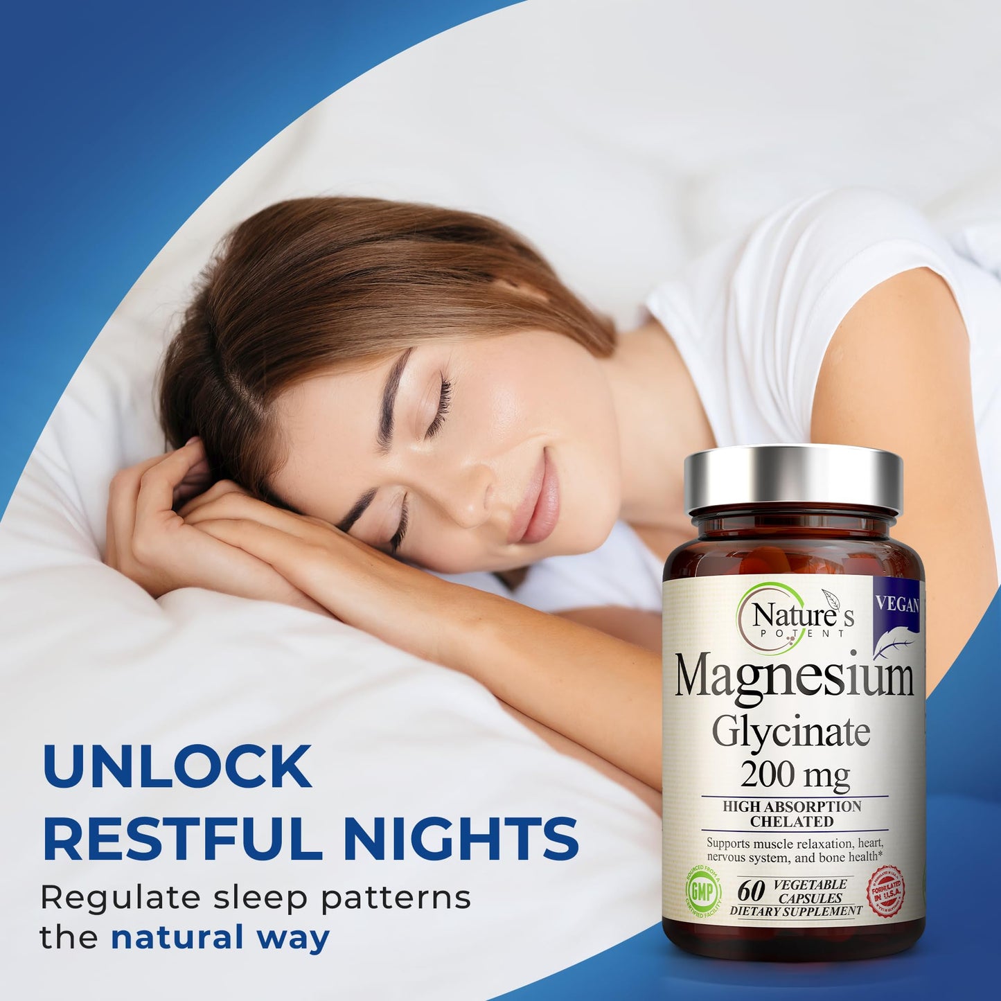 Nature’s Potent Magnesium Glycinate 200mg – High Absorption Chelated Magnesium | Sleep, Calm & Muscle Support | Vegan, 60 Capsules