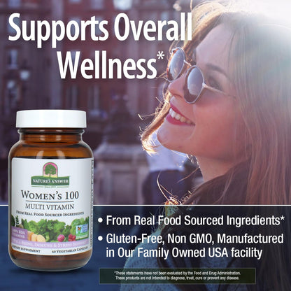 Nature's Answer Womens 100 Multivitamin | 60 Vegetarian Capsules | Supports Overall Wellness | Promotes Immune Function | Non-GMO | Vegan | Kosher | Made in The USA