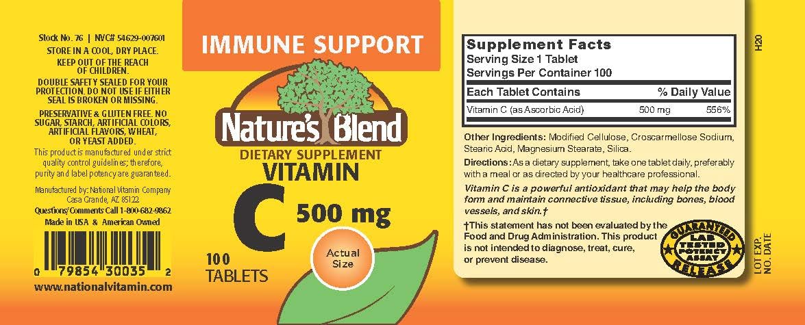 Nature's Blend Vitamin C 500 mg - 100 Tablets | Immune Support