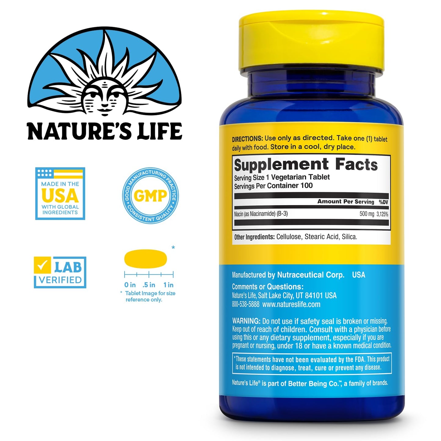 Nature's Life Niacinamide 500mg No-Flush Vitamin B3 Supplement | 100 Tablets