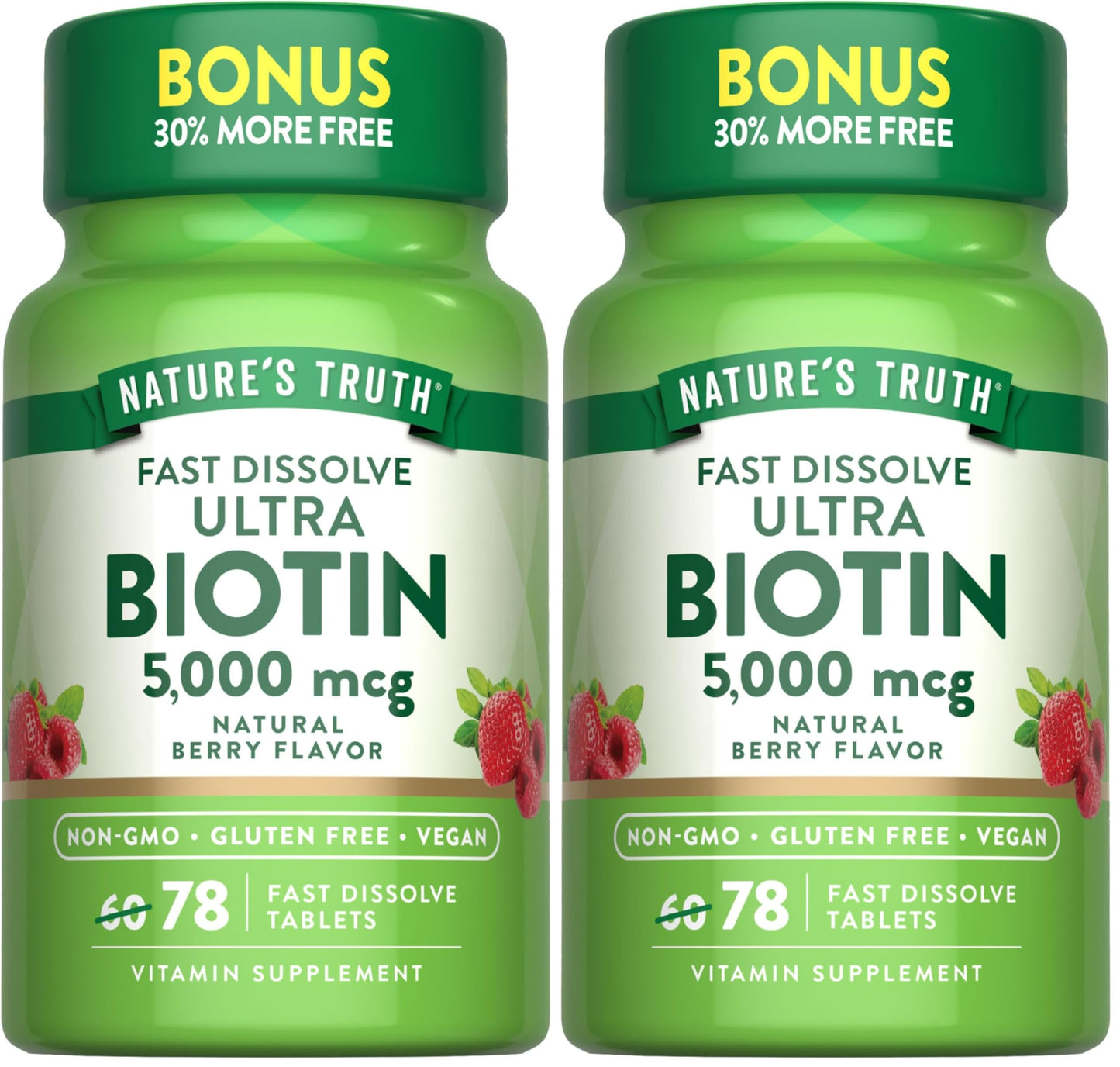 Nature's Truth Biotin 5000mcg | 78 Fast-Dissolve Tablets | Berry Flavor | Vegan, Non-GMO & Gluten Free (Pack of 2)