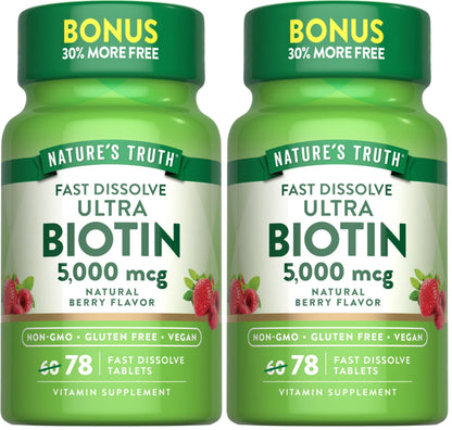 Nature's Truth Biotin 5000mcg | 78 Fast-Dissolve Tablets | Berry Flavor | Vegan, Non-GMO & Gluten Free (Pack of 2)