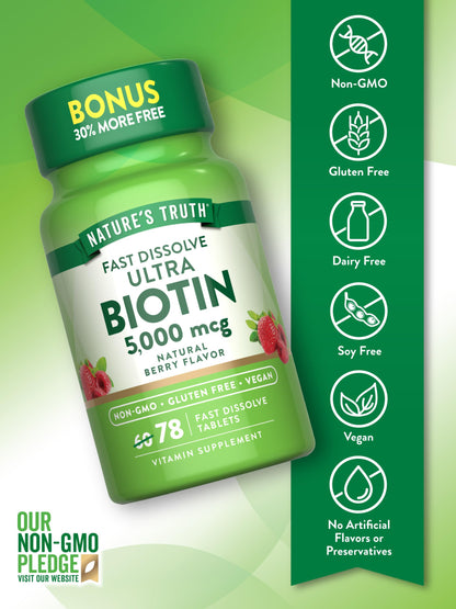 Nature's Truth Biotin 5000mcg | 78 Fast-Dissolve Tablets | Berry Flavor | Vegan, Non-GMO & Gluten Free (Pack of 2)