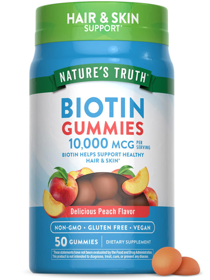 Nature's Truth Biotin Gummies 10000 mcg | 50 Count | Vegan, Non-GMO & Gluten Free | Peach