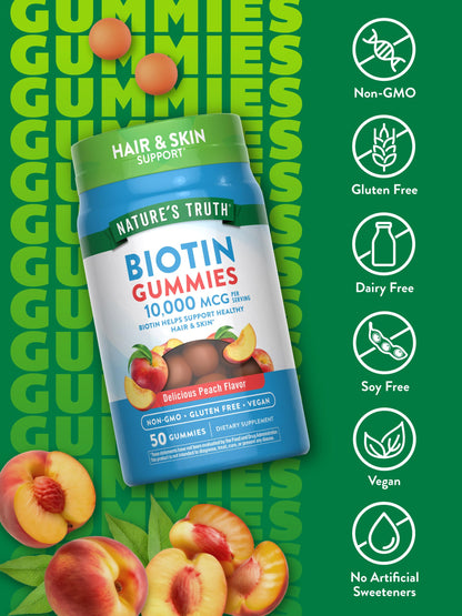 Nature's Truth Biotin Gummies 10000 mcg | 50 Count | Vegan, Non-GMO & Gluten Free | Peach