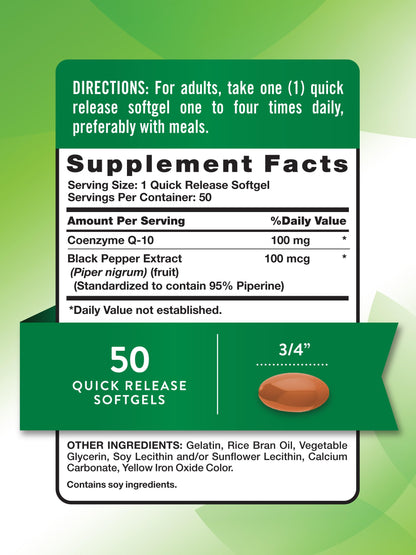 Nature's Truth CoQ10 100mg Softgels with Black Pepper – Non-GMO & Gluten Free
