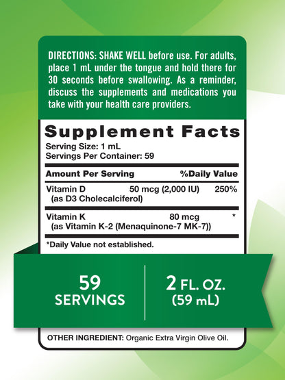 Nature's Truth Vitamin D3 K2 Liquid Drops with MK-7 – 2 Fl Oz | Vegetarian, Non-GMO, Gluten Free