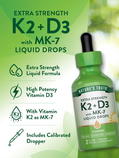 Nature's Truth Vitamin D3 K2 Liquid Drops with MK-7 – 2 Fl Oz | Vegetarian, Non-GMO, Gluten Free
