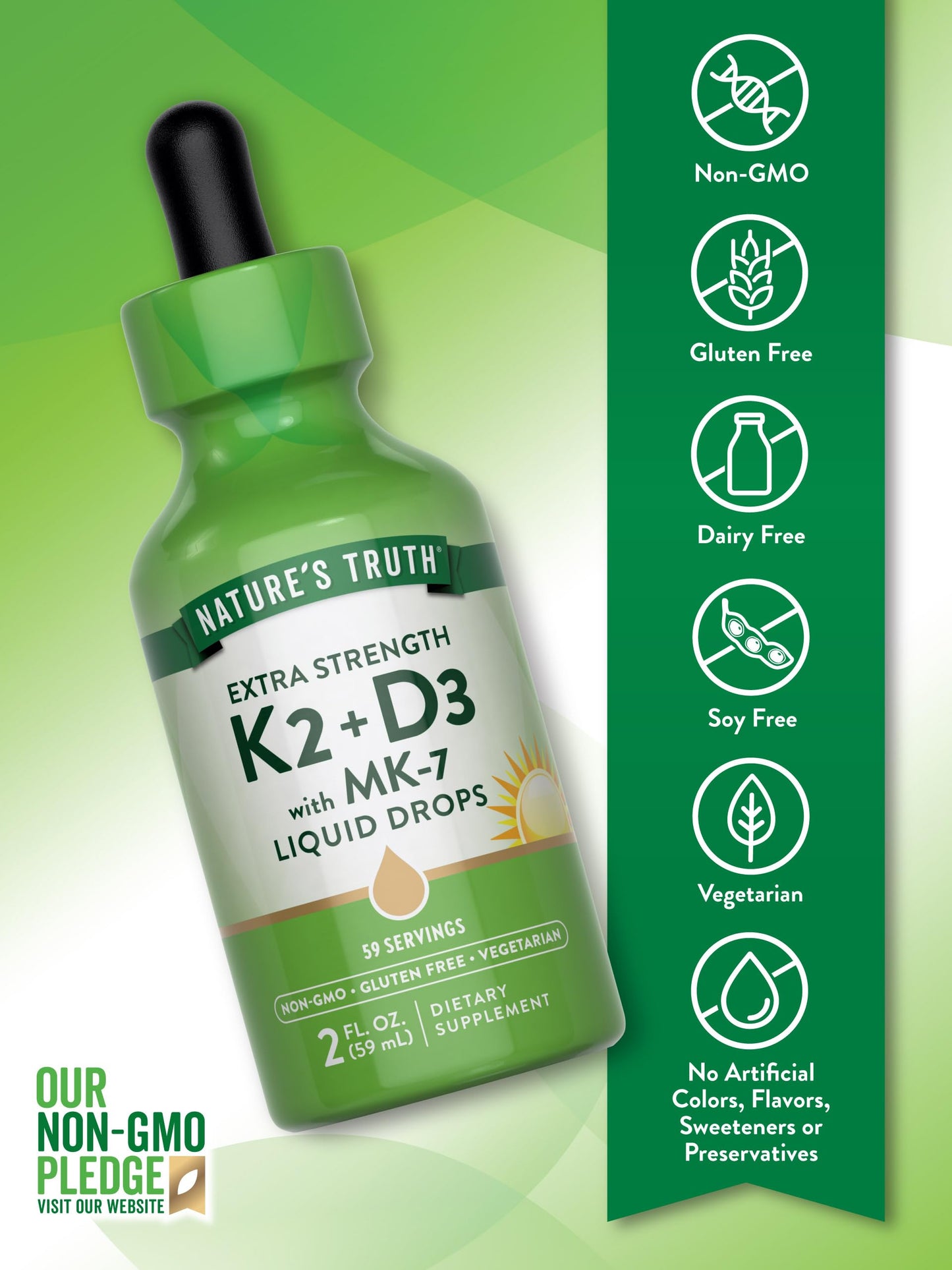 Nature's Truth Vitamin D3 K2 Liquid Drops with MK-7 – 2 Fl Oz | Vegetarian, Non-GMO, Gluten Free
