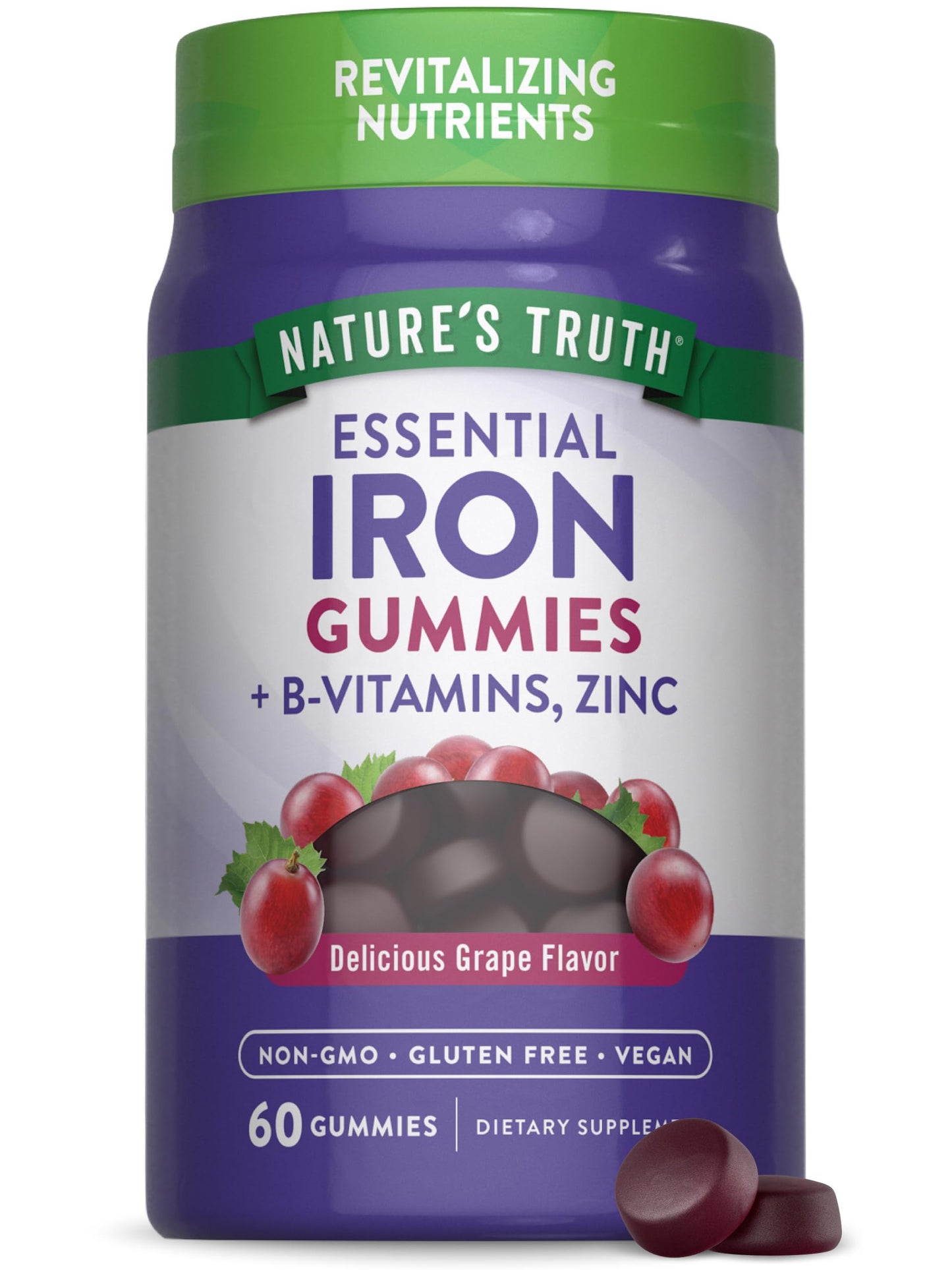 Nature's Truth Iron Gummies – 60 Count | Vegan, Gluten Free, Non-GMO | Zinc & B Vitamins | Grape Flavor