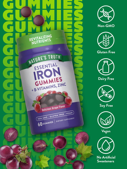 Nature's Truth Iron Gummies – 60 Count | Vegan, Gluten Free, Non-GMO | Zinc & B Vitamins | Grape Flavor