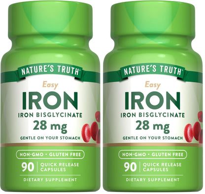 Nature's Truth Iron Supplement for Women & Men | 28 mg Iron Bisglycinate | 90 Capsules Pack of 2 | Non-GMO, Gluten Free