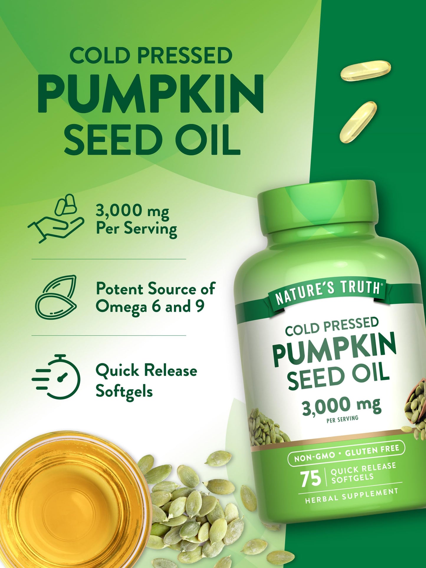 Nature's Truth Pumpkin Seed Oil 3000mg – 75 Softgels | Cold Pressed, Non-GMO, Gluten Free