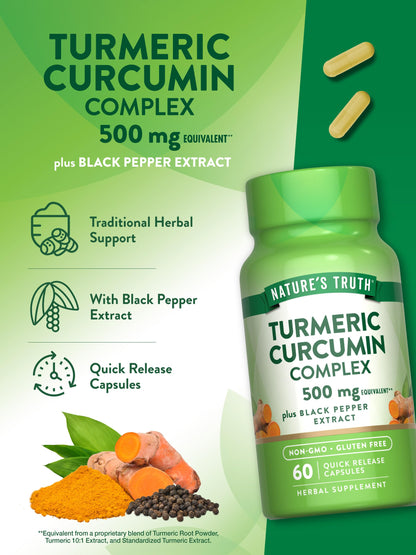 Nature's Truth Turmeric Curcumin with Black Pepper Extract - 500mg, 60 Capsules | Non-GMO & Gluten-Free