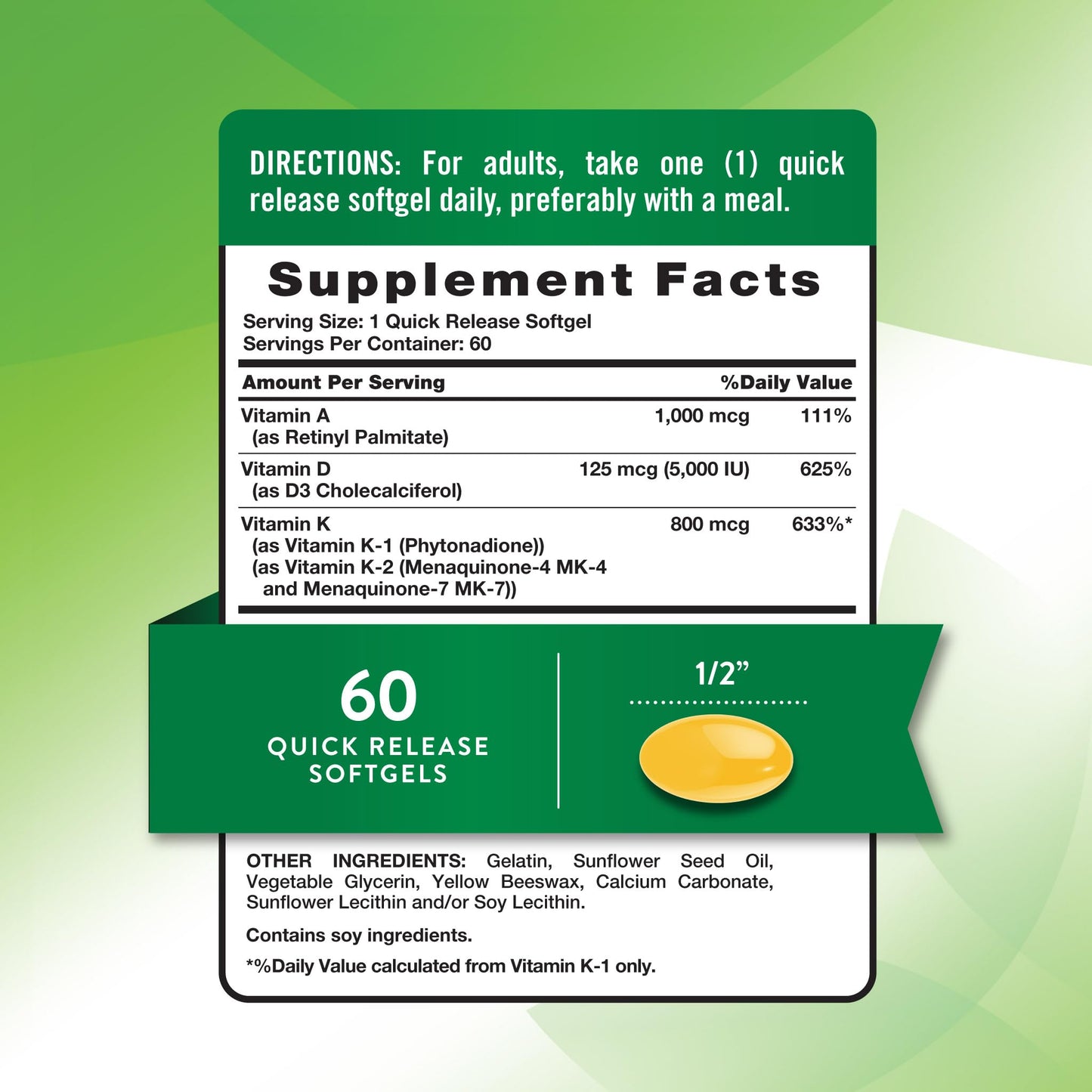 Nature’s Truth Vitamin ADK Softgels – 60 Count | High Potency A, D3 & K1/K2, Non-GMO