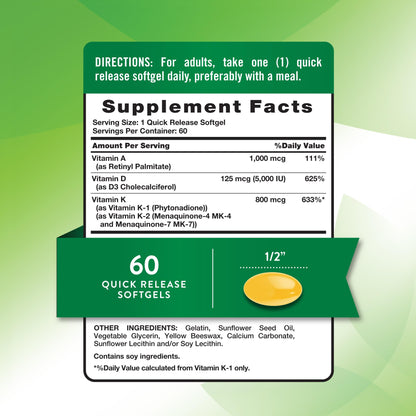 Nature’s Truth Vitamin ADK Softgels – 60 Count | High Potency A, D3 & K1/K2, Non-GMO