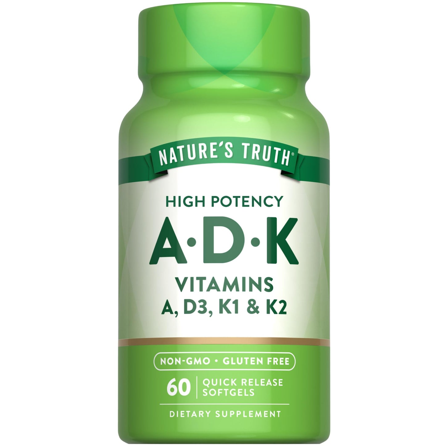 Nature’s Truth Vitamin ADK Softgels – 60 Count | High Potency A, D3 & K1/K2, Non-GMO