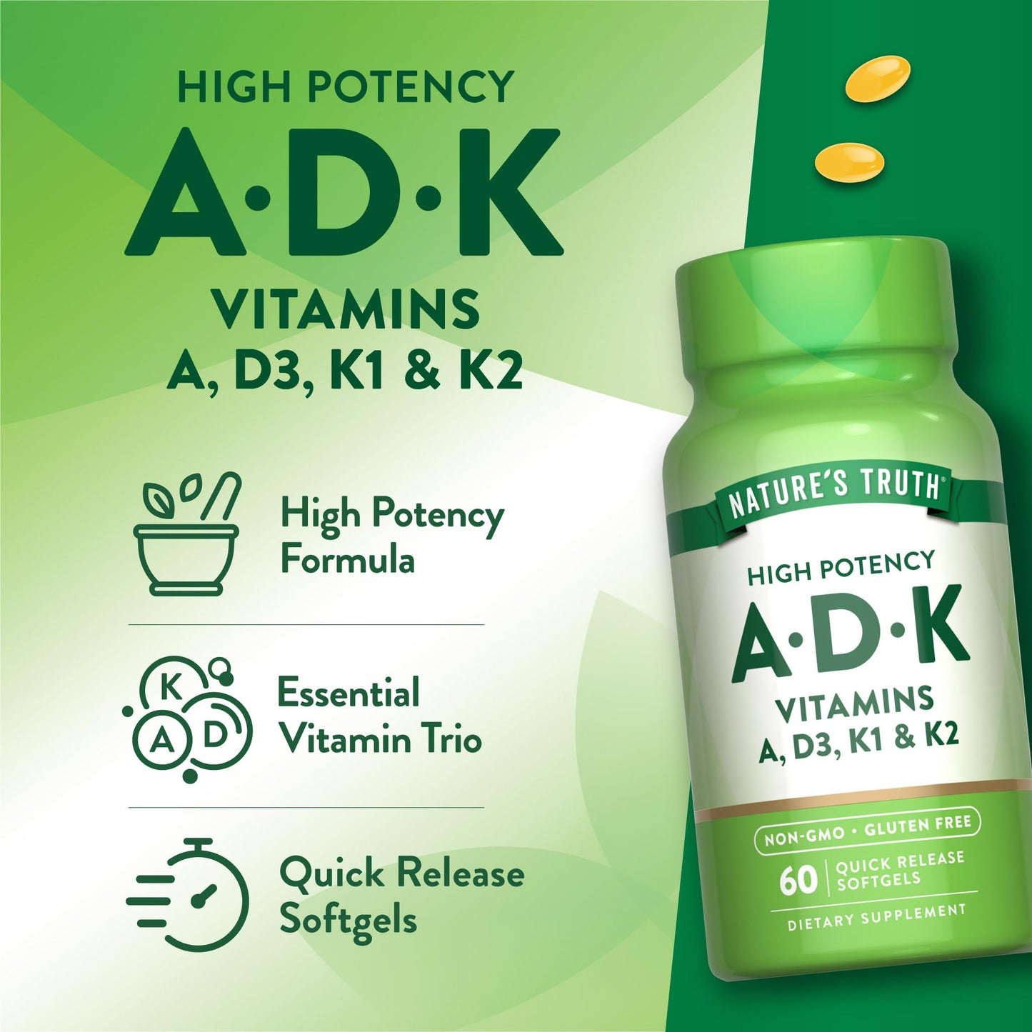 Nature’s Truth Vitamin ADK Softgels – 60 Count | High Potency A, D3 & K1/K2, Non-GMO