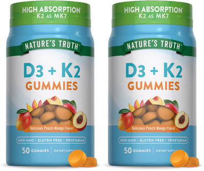 Nature's Truth Vitamin D3 + K2 Gummies – 50-Count (Pack of 2) | Peach Mango | Vegetarian, Non-GMO & Gluten Free