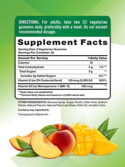 Nature's Truth Vitamin D3 + K2 Gummies – 50-Count (Pack of 2) | Peach Mango | Vegetarian, Non-GMO & Gluten Free