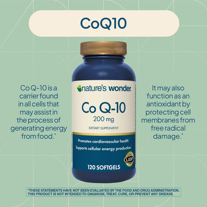 Nature's Wonder CoQ10 Supplement - CoQ10 200mg Softgels to Support Heart Health, Cardiovascular Function, and Cellular Energy Production, 120 Softgels, 120 Days Supply