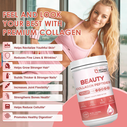 NATURE TARGET Beauty Collagen Peptides Powder for Women – Multi-Collagen with Vitamin C, Biotin & Hyaluronic Acid, Unflavored, Keto Friendly