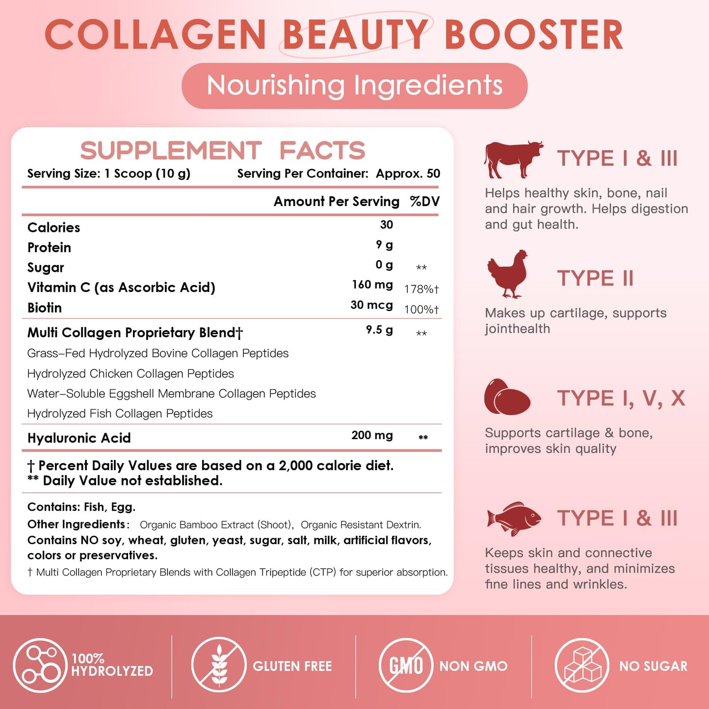 NATURE TARGET Beauty Collagen Peptides Powder for Women – Multi-Collagen with Vitamin C, Biotin & Hyaluronic Acid, Unflavored, Keto Friendly