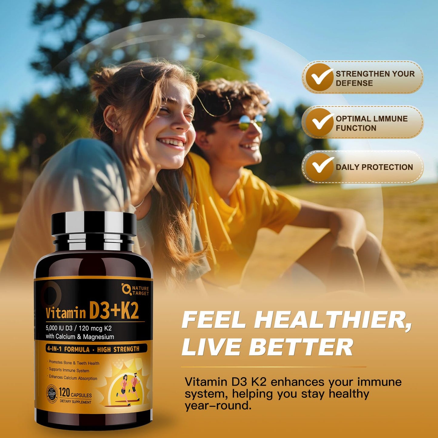 Nature Target Vitamin D3 K2 with Calcium & Magnesium – Max Strength 4-in-1 Formula for Bone, Heart & Immune Support (5000 IU D3 & 120 mcg K2) – 120 Count