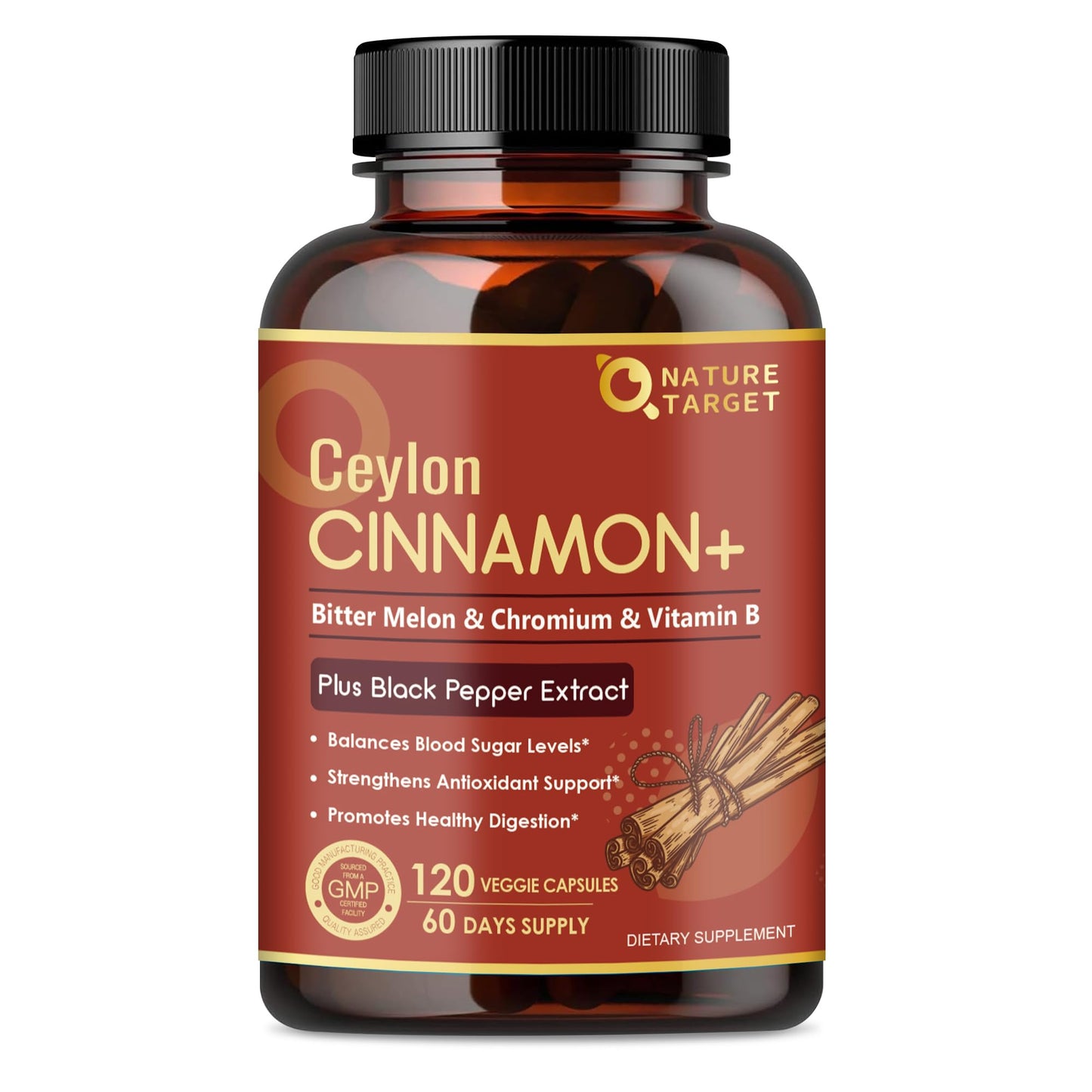 NATURE TARGET Ceylon Cinnamon Capsules – Cinnamon + Chromium + Bitter Melon, Vegetarian, 120 Capsules