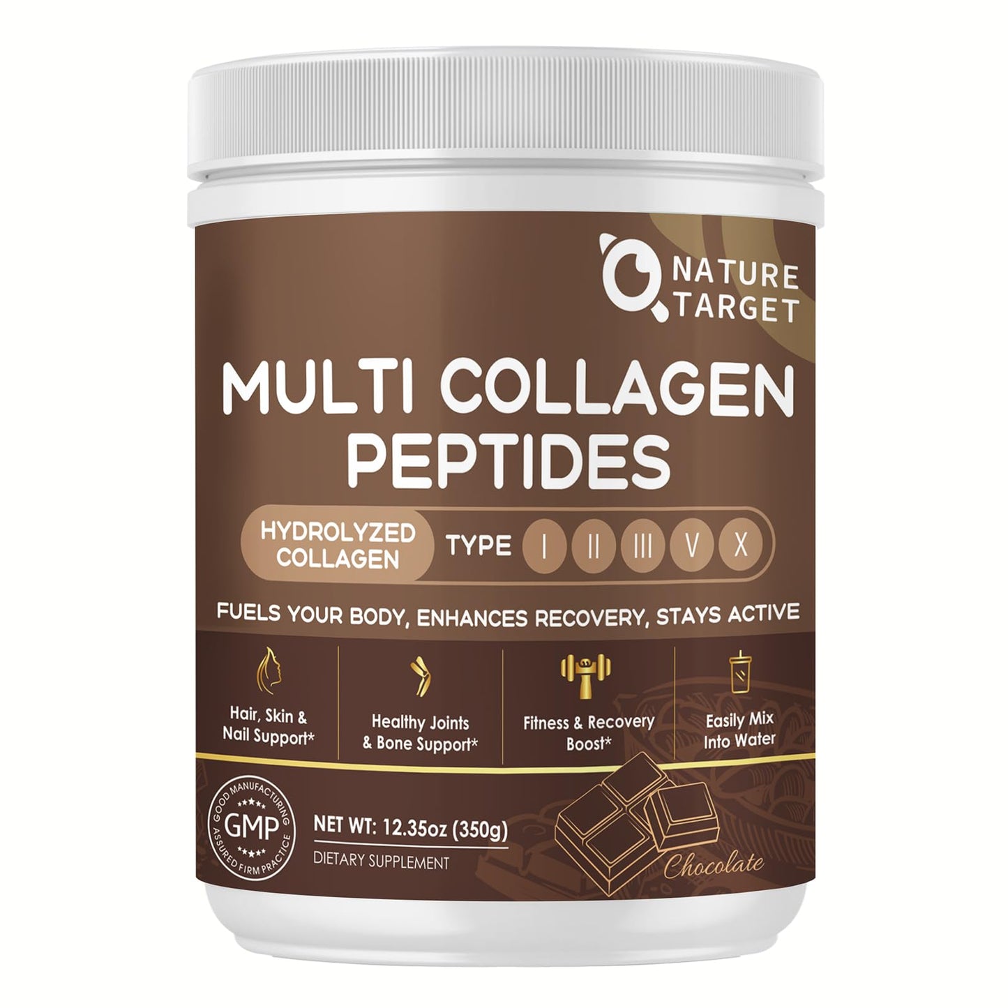 NATURE TARGET Chocolate Multi Collagen Peptides – Gluten Free, Vitamin C & D3 | 35 Servings