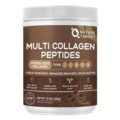 NATURE TARGET Chocolate Multi Collagen Peptides – Gluten Free, Vitamin C & D3 | 35 Servings