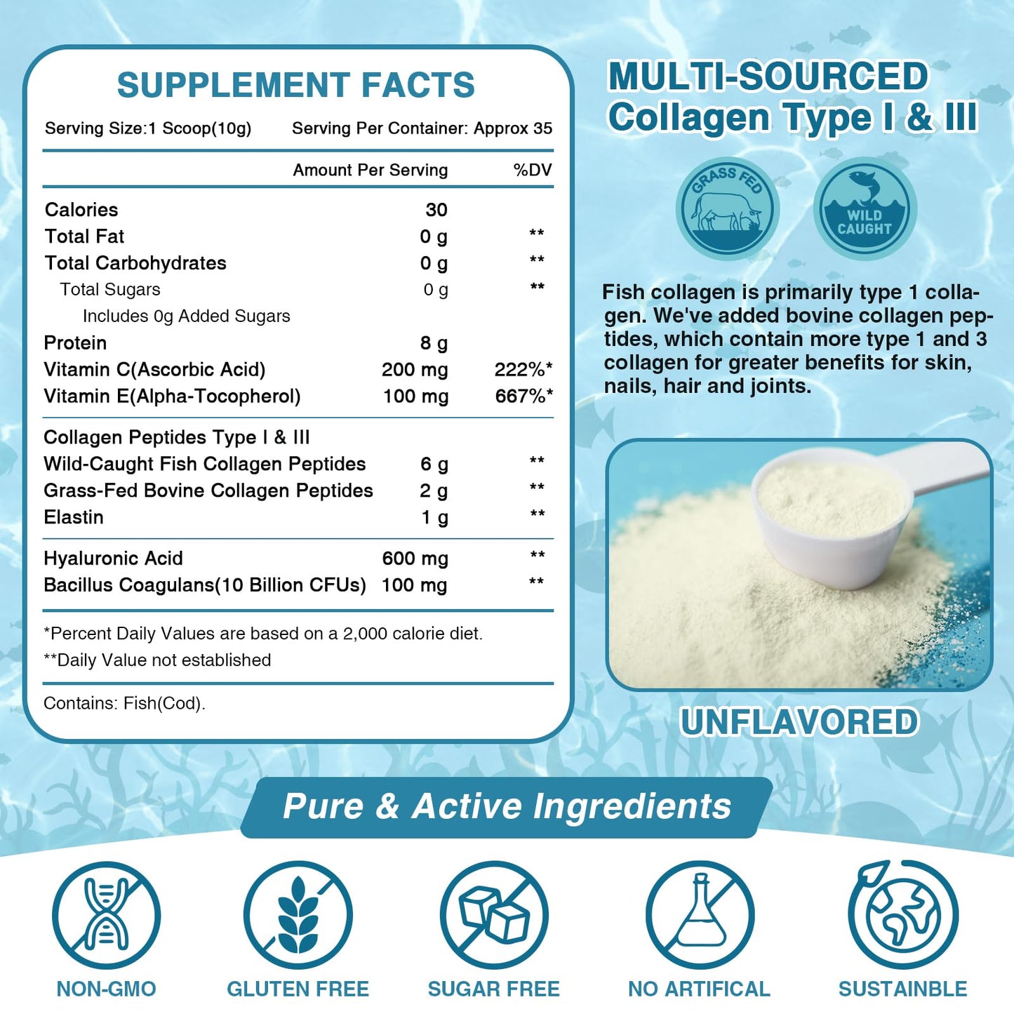 Nature Target Marine Collagen Peptides Powder – Type I & III, Probiotics, Vitamin C & Hyaluronic Acid (35 Servings)