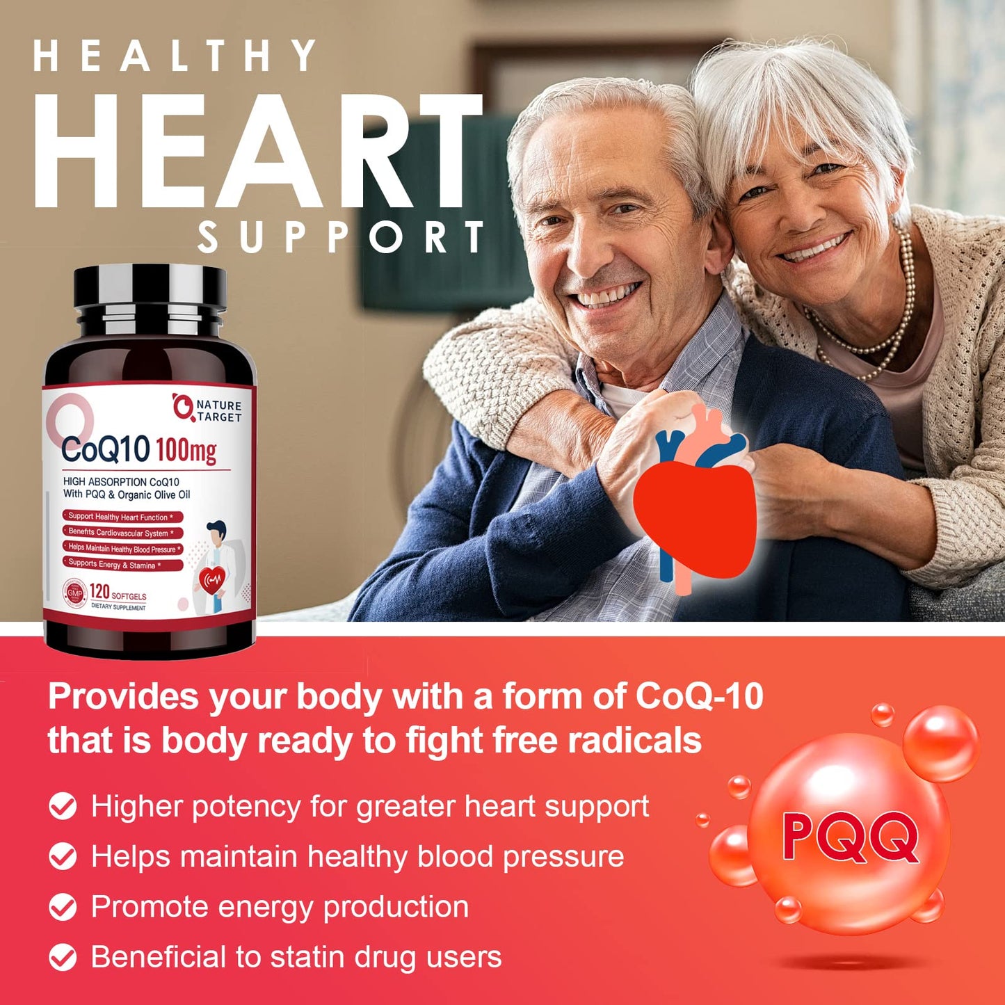 NATURE TARGET CoQ10 100mg Softgels with 10mg PQQ - High Absorption CoQ10 in Organic Olive Oil | Heart, Brain & Energy Support | 120 Servings