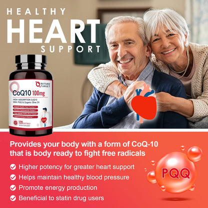 NATURE TARGET CoQ10 100mg Softgels with 10mg PQQ - High Absorption CoQ10 in Organic Olive Oil | Heart, Brain & Energy Support | 120 Servings
