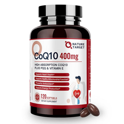 NATURE TARGET CoQ10 400mg + PQQ with Vitamin E & Organic Olive Oil | High-Absorption, 120 Servings