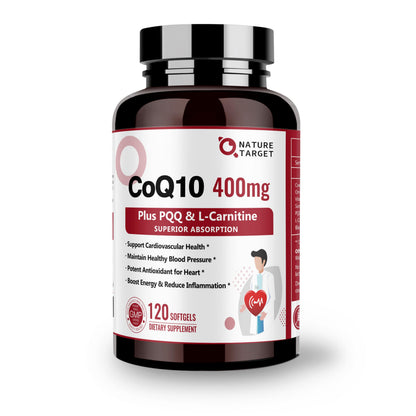 Nature Target CoQ10 400mg with PQQ, Omega-3s & L-Carnitine – High-Absorption CoQ10 with BioPerine | 120 Servings