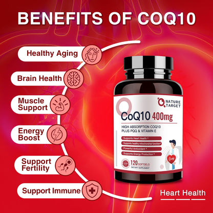 NATURE TARGET CoQ10 400mg + PQQ with Vitamin E & Organic Olive Oil | High-Absorption, 120 Servings