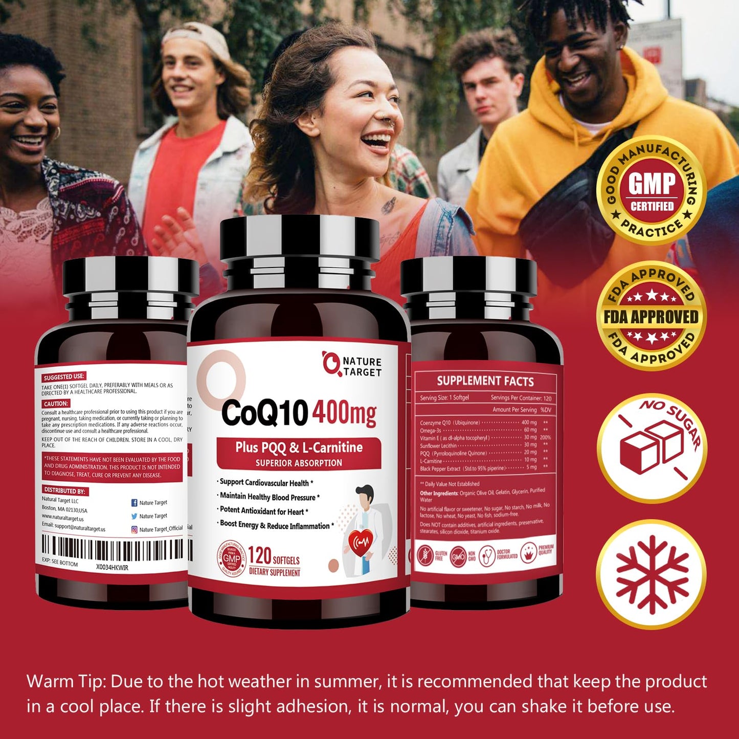 Nature Target CoQ10 400mg with PQQ, Omega-3s & L-Carnitine – High-Absorption CoQ10 with BioPerine | 120 Servings