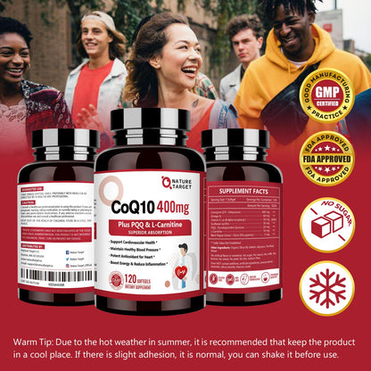 Nature Target CoQ10 400mg with PQQ, Omega-3s & L-Carnitine – High-Absorption CoQ10 with BioPerine | 120 Servings