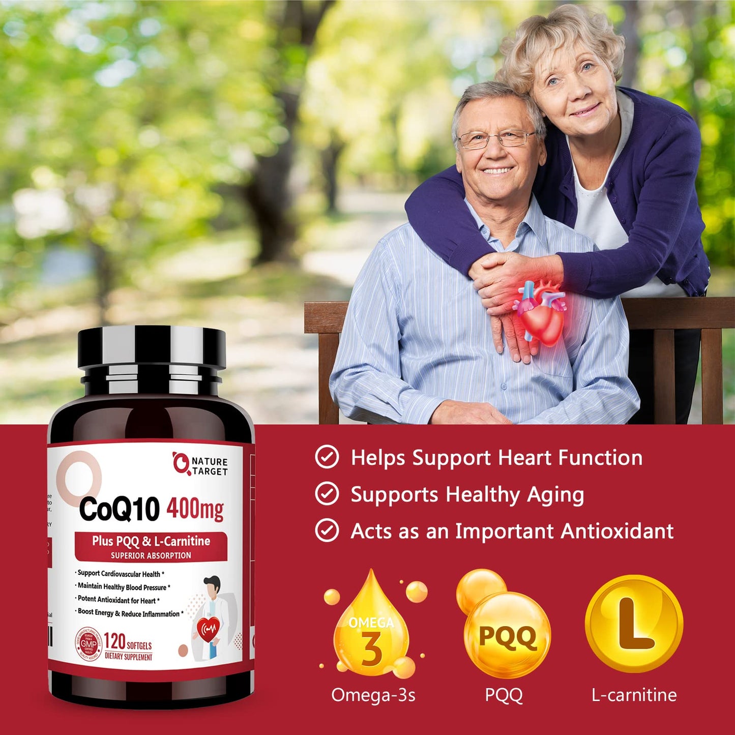Nature Target CoQ10 400mg with PQQ, Omega-3s & L-Carnitine – High-Absorption CoQ10 with BioPerine | 120 Servings