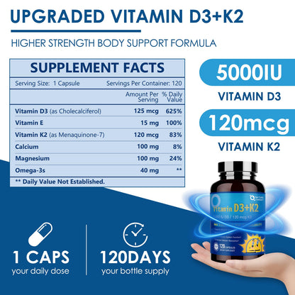 NATURE TARGET Vitamin D3 K2 with Calcium & Magnesium — 6-in-1 Bone & Heart Support, 5000 IU D3, 120 mcg K2 | Gluten-Free, 120 Servings