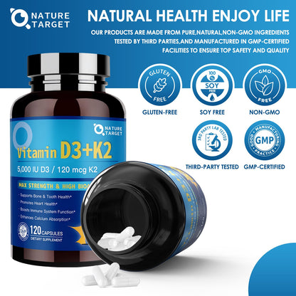 NATURE TARGET Vitamin D3 K2 with Calcium & Magnesium — 6-in-1 Bone & Heart Support, 5000 IU D3, 120 mcg K2 | Gluten-Free, 120 Servings