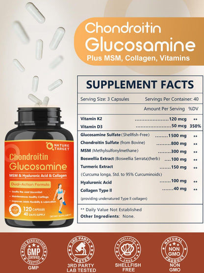 NATURE TARGET Glucosamine Chondroitin – Joint Support with MSM & Collagen (Shellfish Free) 120 Counts