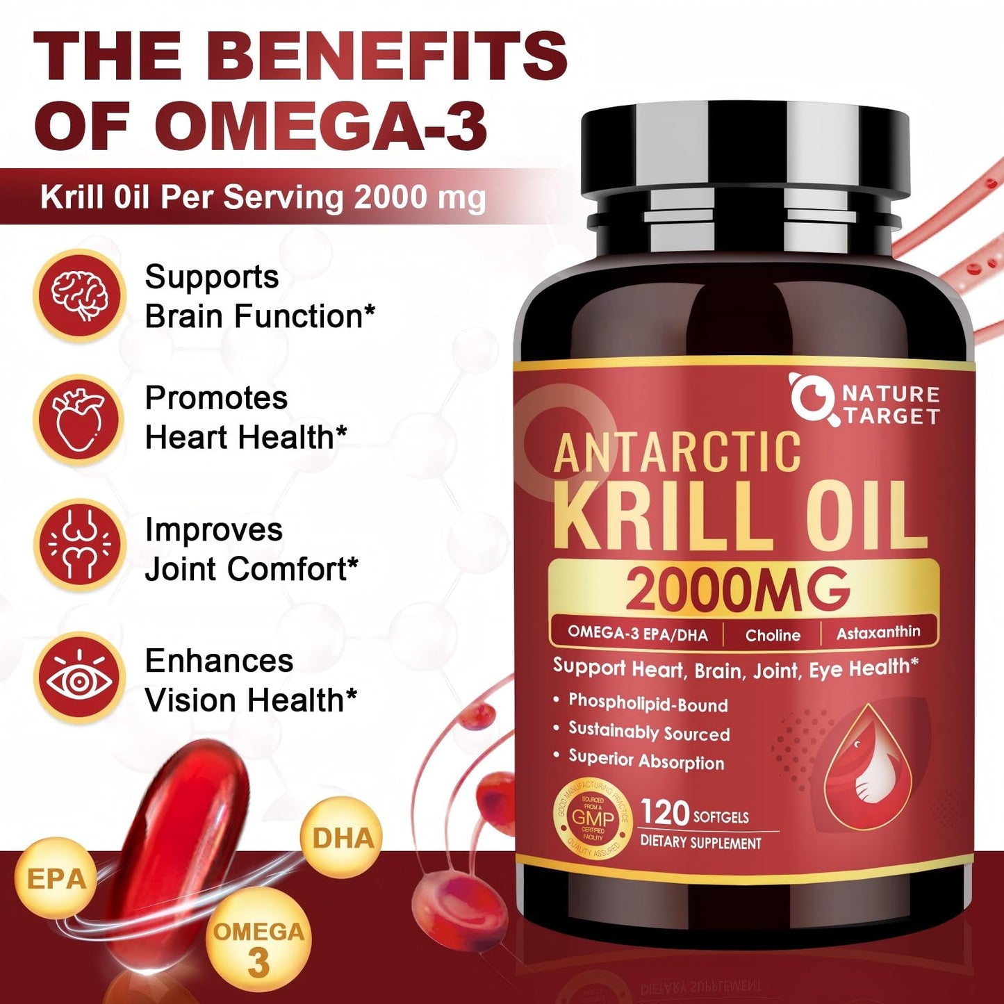 NATURE TARGET Krill Oil 2000 mg with Omega-3 EPA & DHA, Choline & Astaxanthin – 120 Softgels (60 Servings) | Heart, Brain, Joint, Eye Health | Non-GMO, Gluten Free