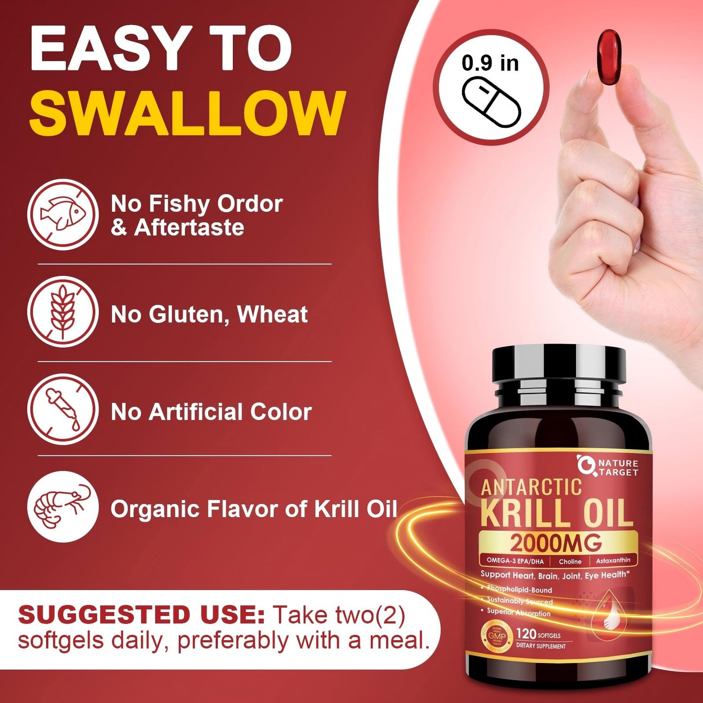 NATURE TARGET Krill Oil 2000 mg with Omega-3 EPA & DHA, Choline & Astaxanthin – 120 Softgels (60 Servings) | Heart, Brain, Joint, Eye Health | Non-GMO, Gluten Free