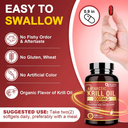 NATURE TARGET Krill Oil 2000 mg with Omega-3 EPA & DHA, Choline & Astaxanthin – 120 Softgels (60 Servings) | Heart, Brain, Joint, Eye Health | Non-GMO, Gluten Free