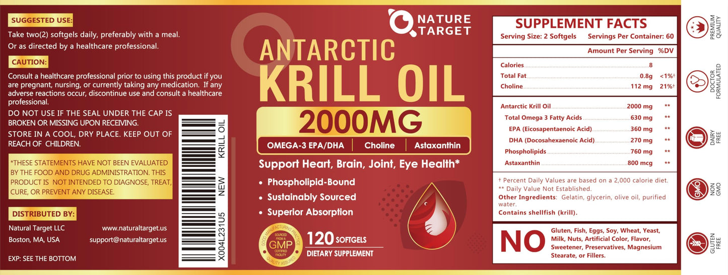 NATURE TARGET Krill Oil 2000 mg with Omega-3 EPA & DHA, Choline & Astaxanthin – 120 Softgels (60 Servings) | Heart, Brain, Joint, Eye Health | Non-GMO, Gluten Free